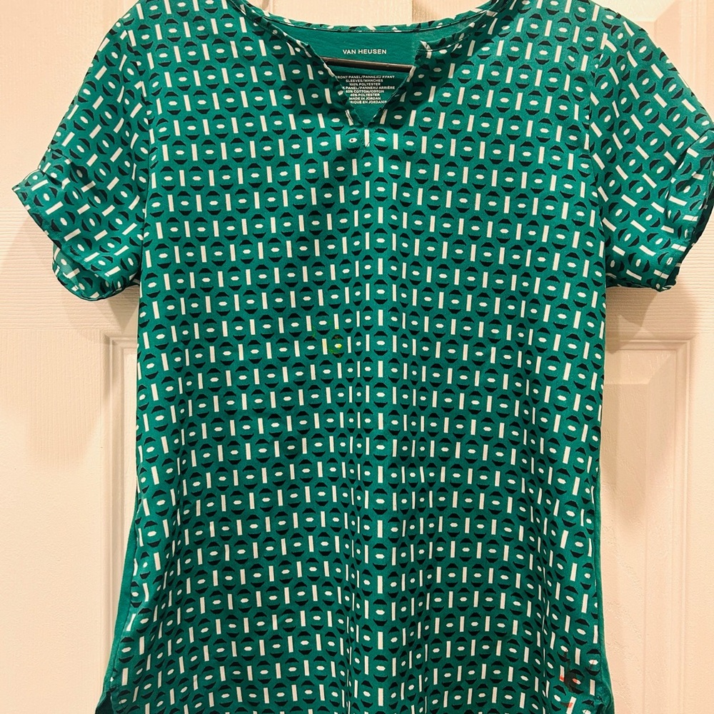 Van Heusen Women's Green Patterned Top Blouse x-small